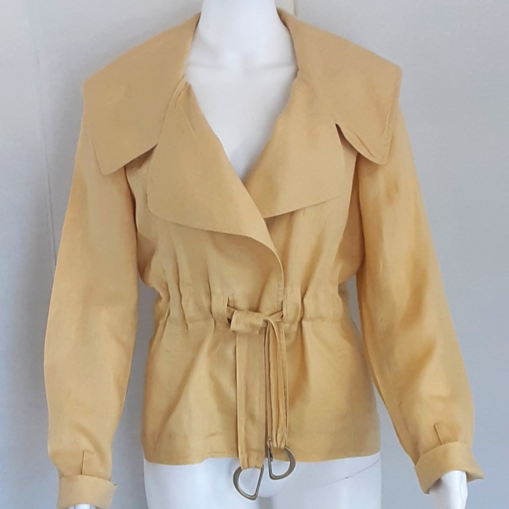 ELLEN TRACY 100% Linen Trench Cut Wide Collar Drawstring Waist Jacket Sz 12P